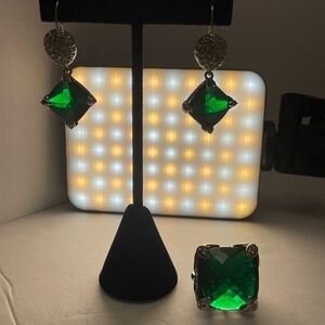 Large square cut green rhinestone ring. Size 6. Matching drop earrings.